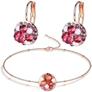 image:imageEVEVIC Austrian Crystal Rhinestone Leverback Drop Earrings and Bracelet Set for Women 14K Gold Plated Dainty Colorful Charm Jewelry Gift Red