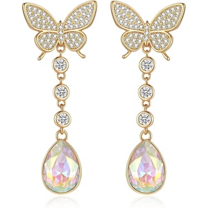 image:imageEVEVIC Austrian Crystal Teardrop Butterfly Dangle Stud Earrings for Women 14K Gold Plated Drop Earring Hypoallergenic Jewelry GiftsAurora Borealis