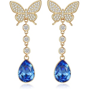 image:imageEVEVIC Austrian Crystal Teardrop Butterfly Dangle Stud Earrings for Women 14K Gold Plated Drop Earring Hypoallergenic Jewelry GiftsBermuda Blue