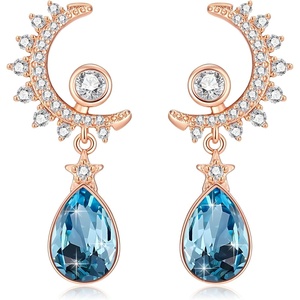 image:imageEVEVIC Austrian Crystal Teardrop Moon Star Celestial Dangle Earrings for Women 14K Rose Gold Plated Hypoallergenic Drop Earring Jewelry GiftsAquamarine