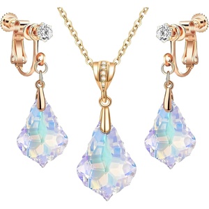 image:imageEVEVIC Austrian Crystals Baroque Pendant Necklace Earrings for Women 14K Gold Plated Hypoallergenic Clip On Drop Dangle Earrings Jewelry Set Aurora Borealis