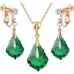 image:imageEVEVIC Austrian Crystals Baroque Pendant Necklace Earrings for Women 14K Gold Plated Hypoallergenic Clip On Drop Dangle Earrings Jewelry Set Emerald
