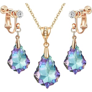 image:imageEVEVIC Austrian Crystals Baroque Pendant Necklace Earrings for Women 14K Gold Plated Hypoallergenic Clip On Drop Dangle Earrings Jewelry Set Vitrail Light