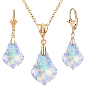 image:imageEVEVIC Austrian Crystals Baroque Pendant Necklace Earrings for Women 14K Gold Plated Hypoallergenic Leverback Drop Dangle Earrings Jewelry Set Aurora Borealis