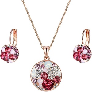 image:imageEVEVIC Austrian Crystals Round Disc Pendant Necklace Earrings for Women 14K Gold Plated Hypoallergenic Jewelry SetsPink Main CrystalRose Goldtone