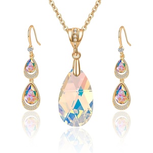 image:imageEVEVIC Austrian Crystals Teardrop Pendant Necklace and Earrings Sets for Women 14K Gold Plated Hypoallergenic Jewelry GiftsAurora Borealis
