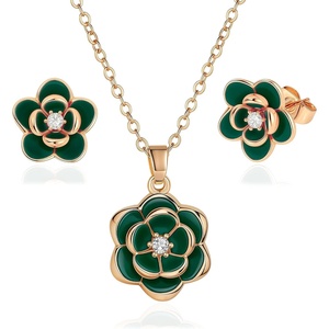 image:imageEVEVIC Dainty Flower Pendant Necklace Earrings for Women 14K Gold Plated Hypoallergenic Jewelry SetsGreen Rose Goldtone