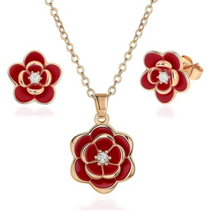 image:imageEVEVIC Dainty Flower Pendant Necklace Earrings for Women 14K Gold Plated Hypoallergenic Jewelry SetsRed Rose Goldtone