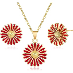 image:imageEVEVIC Daisy Flower Necklace Earrings Set for Women 18K Gold Plated Hypoallergenic Jewelry SetsRedGoldtone