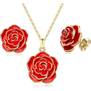 image:imageEVEVIC Enamel Rose Necklace and Earrings Jewelry Set for Women  14K Gold PlatedRose Represent Love Gratitude PridAdjustable Chain FitElegant Sets for Daily and Party WearGift BoxRed