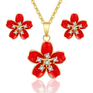 image:imageEVEVIC Fashion Cherry Blossom Necklace Earrings Set for Women 18K Gold Plated Hypoallergenic Sakura Flower Jewelry Set PinkRed