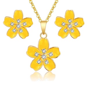 image:imageEVEVIC Fashion Cherry Blossom Necklace Earrings Set for Women 18K Gold Plated Hypoallergenic Sakura Flower Jewelry Set PinkYellow