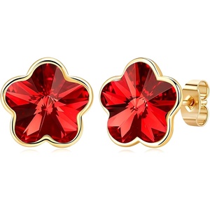 image:imageEVEVIC Flower Austrian Crystal Cute Stud Earrings for Women  14K Gold PlatedFlower Crystal with Playful CharmSecure Butterfly BackLight Up Daily OutfitsGift Box IncludedRed