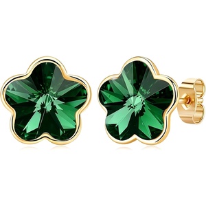 image:imageEVEVIC Flower Austrian Crystal Cute Stud Earrings for Women  14K Gold PlatedFlower Crystal with Playful CharmSecure Butterfly BackLight Up Daily OutfitsGift Box IncludedEmerald