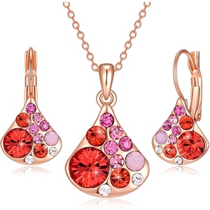 image:imageEVEVIC Multicolored Austrian Crystal Fan Earrings and Necklace Sets for Women 14K Gold Plated Leverback Dangle Drop Earrings Jewelry GiftsRed Main CrystalRose Goldtone