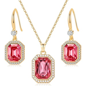 image:imageEVEVIC Octagon Austrian Crystal Necklace and Earrings Jewelry Set for Women  14K GoldPlatedOctagonCut Crystal with CZ Halo ShineAdjustable Chain FitElegant Sets for Weddings and GalasGift BoxRose Pink