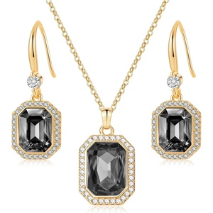 image:imageEVEVIC Octagon Austrian Crystal Necklace and Earrings Jewelry Set for Women  14K GoldPlatedOctagonCut Crystal with CZ Halo ShineAdjustable Chain FitElegant Sets for Weddings and GalasGift BoxBlack Crystal