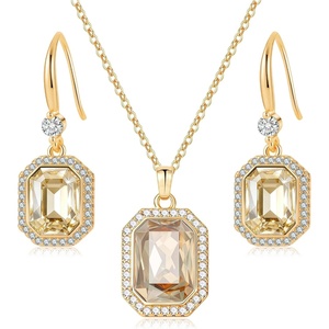 image:imageEVEVIC Octagon Austrian Crystal Necklace and Earrings Jewelry Set for Women  14K GoldPlatedOctagonCut Crystal with CZ Halo ShineAdjustable Chain FitElegant Sets for Weddings and GalasGift BoxLight Topaz
