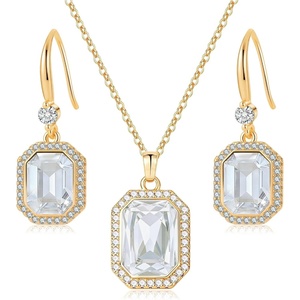 image:imageEVEVIC Octagon Austrian Crystal Necklace and Earrings Jewelry Set for Women  14K GoldPlatedOctagonCut Crystal with CZ Halo ShineAdjustable Chain FitElegant Sets for Weddings and GalasGift BoxClear White