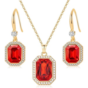 image:imageEVEVIC Octagon Austrian Crystal Necklace and Earrings Jewelry Set for Women  14K GoldPlatedOctagonCut Crystal with CZ Halo ShineAdjustable Chain FitElegant Sets for Weddings and GalasGift BoxRed