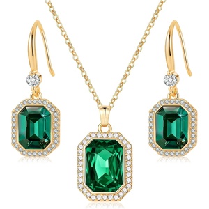image:imageEVEVIC Octagon Austrian Crystal Necklace and Earrings Jewelry Set for Women  14K GoldPlatedOctagonCut Crystal with CZ Halo ShineAdjustable Chain FitElegant Sets for Weddings and GalasGift BoxEmerald
