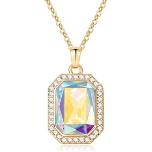 image:imageEVEVIC Octagon Austrian Crystal Pendant Necklace for Women  14K GoldPlatedOctagonCut Crystal with Zircon HaloAdjustable ChainGift Box IncludedFor Weddings And Daily WearAurora Borealis
