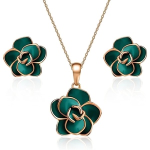 image:imageEVEVIC Rose Flower Necklace Earrings Set for Women 18K Gold Plated Hypoallergenic Jewelry SetsGreen