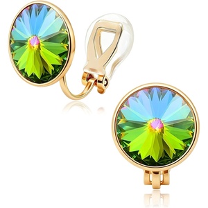 image:imageEVEVIC Round Austrian Crystal Clip On Earrings for Women  14K Gold PlatedSilicone Comfort PadPerfect for Dance Competitions and PromsGift Box IncludedRainbow