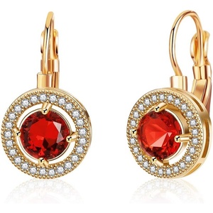 image:imageEVEVIC Round Austrian Crystal Halo Drop Earrings for Women Leverback  14K Rose GoldPlated Brass ProngSet Faceted Center Sparkling Accent Border Secure EasyOn Closure DayToEvening StyleRed