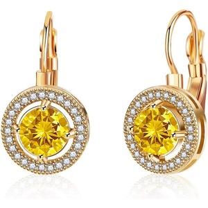 image:imageEVEVIC Round Austrian Crystal Halo Drop Earrings for Women Leverback  14K Rose GoldPlated Brass ProngSet Faceted Center Sparkling Accent Border Secure EasyOn Closure DayToEvening StyleTopaz