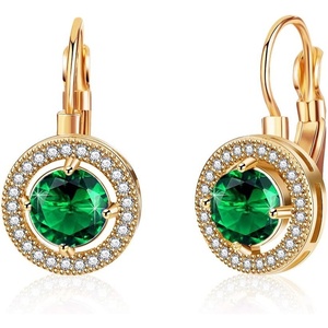 image:imageEVEVIC Round Austrian Crystal Halo Drop Earrings for Women Leverback  14K Rose GoldPlated Brass ProngSet Faceted Center Sparkling Accent Border Secure EasyOn Closure DayToEvening StyleGreen