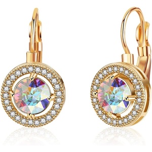 image:imageEVEVIC Round Austrian Crystal Halo Drop Earrings for Women Leverback  14K Rose GoldPlated Brass ProngSet Faceted Center Sparkling Accent Border Secure EasyOn Closure DayToEvening StyleAurora Borealis