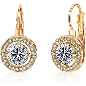 image:imageEVEVIC Round Austrian Crystal Halo Drop Earrings for Women Leverback  14K Rose GoldPlated Brass ProngSet Faceted Center Sparkling Accent Border Secure EasyOn Closure DayToEvening StyleClear White