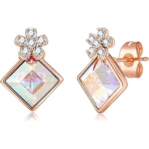 image:imageEVEVIC Square Austrian Crystal Flower Stud Earrings for Women 925 Sterling Silver Post with 14K Gold Plated Hypoallergenic Jewelry GiftAurora Borealis