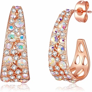 image:imageEVEVIC Stunning Multicolor Austrian Crystal Chunky Hoop Earrings for Women 14K Gold Plated Hypoallergenic Half Hoop Earring Trendy Jewelry GiftAurora Borealis