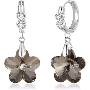 image:imageEVEVIC Trendy Austrian Crystal Flower Drop Leverback Earrings for Women 14k White Gold Plated Huggie Earring Hypoallergenic Jewelry GiftBlack