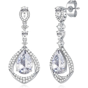 image:imageEVEVIC Trendy Austrian Crystal Teardrop Halo Hollow Drop Earrings for Women 14K Gold Plated Dangle Earring Hypoallergenic Jewelry GiftWhite Clear