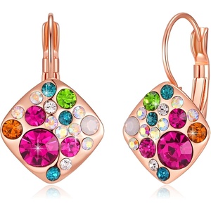 image:imageMulticolored Austrian Crystal Square Drop Leverback Earrings for Women 14K Gold Plated Huggie Earrings Hypoallergenic JewelryRose Main CrystalRose Goldtone