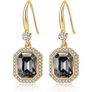 image:imageAustrian Crystal Octagon Dangle Hook Earrings for Women  14K gold plated brassgeometric crystalshining halogift boxBlack Crystal