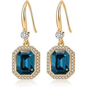 image:imageAustrian Crystal Octagon Dangle Hook Earrings for Women  14K gold plated brassgeometric crystalshining halogift boxDark Blue