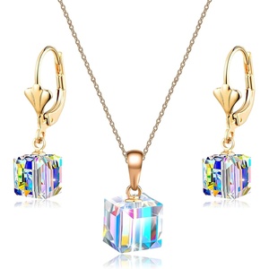 image:imageCube Austrian Crystal Necklace Earrings Set for Women 14K Gold Plated Jewelry