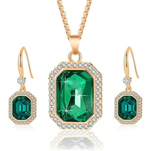 image:imageEVEVIC Austrian Crystal Halo Octagon Pendant Necklaces Earrings Set for Women 14K Gold Plated Fashion Dainty Hypoallergenic Jewelry Sets Emerald