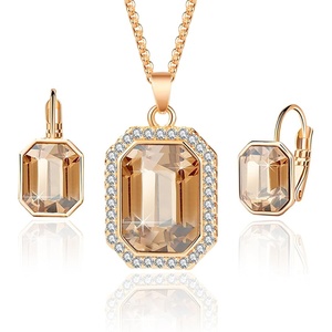 image:imageEVEVIC Austrian Crystal Octagon Pendant Necklaces Earrings Set for Women 14K Gold Plated Hypoallergenic Fashion Jewelry Sets Teal