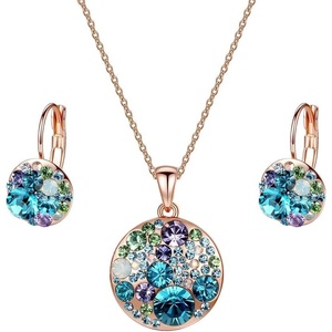 image:imageEVEVIC Austrian Crystals Round Disc Pendant Necklace Earrings Set for Women 14K Gold Plated Jewelry Sets