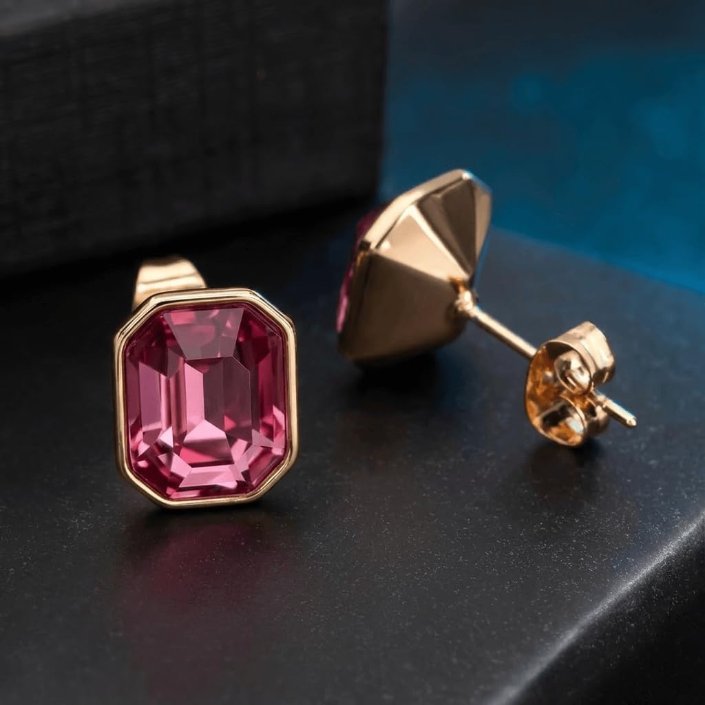 image:imageOctagon Austrian Crystal Dainty Stud Earrings for Women  14K Gold PlatedHypoallergenic S925 Sterling Silver PostBrilliant Octagon CutMinimalist Design for Daily LooksPink