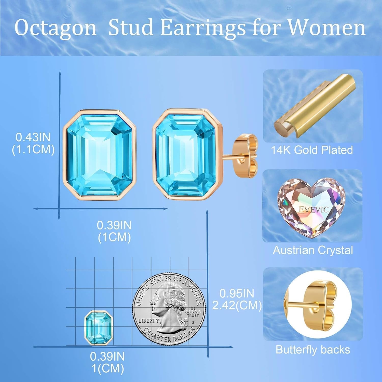 image:imageOctagon Austrian Crystal Dainty Stud Earrings for Women  14K Gold PlatedHypoallergenic S925 Sterling Silver PostBrilliant Octagon CutMinimalist Design for Daily LooksRoyal Blue