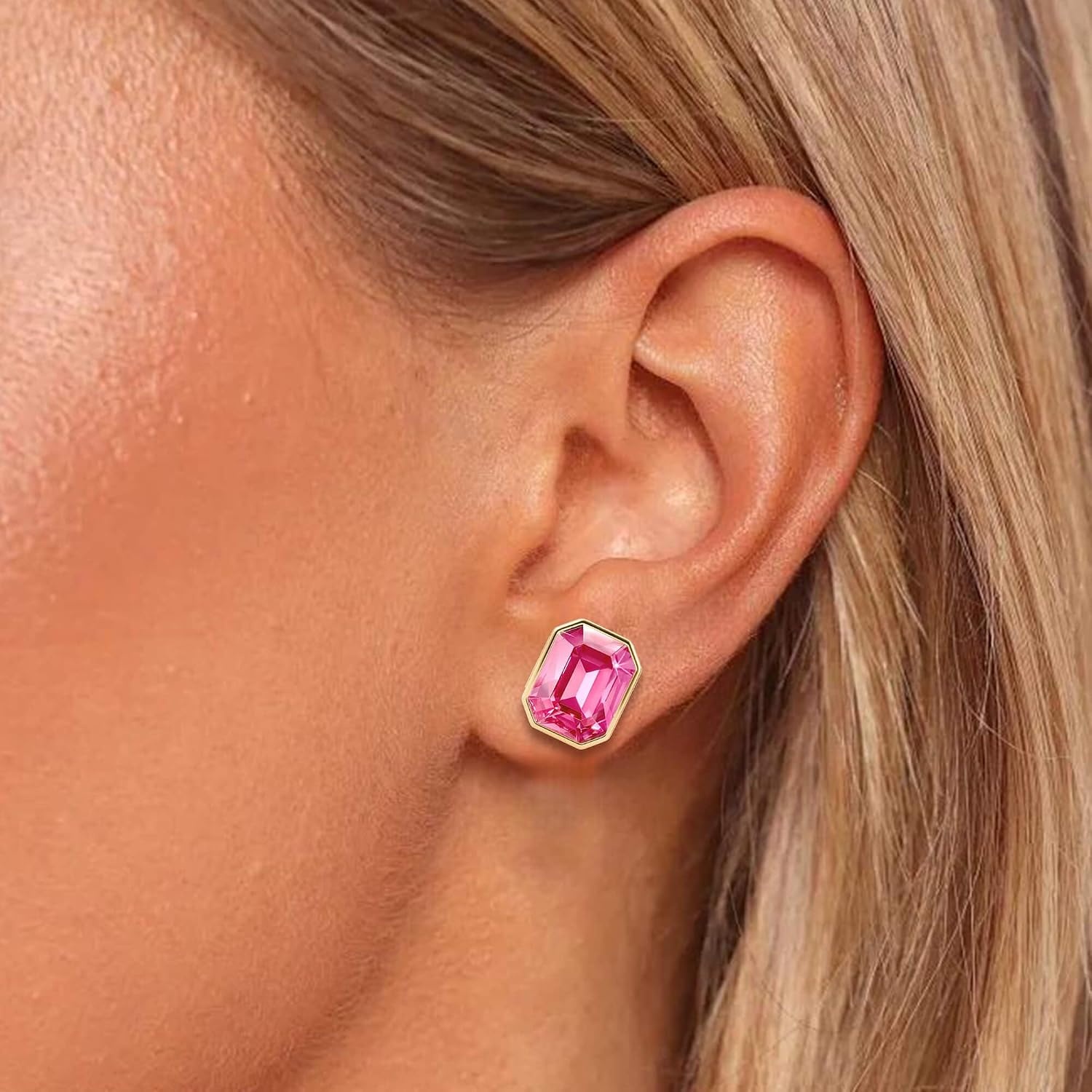 image:imageOctagon Austrian Crystal Dainty Stud Earrings for Women  14K Gold PlatedHypoallergenic S925 Sterling Silver PostBrilliant Octagon CutMinimalist Design for Daily LooksPink