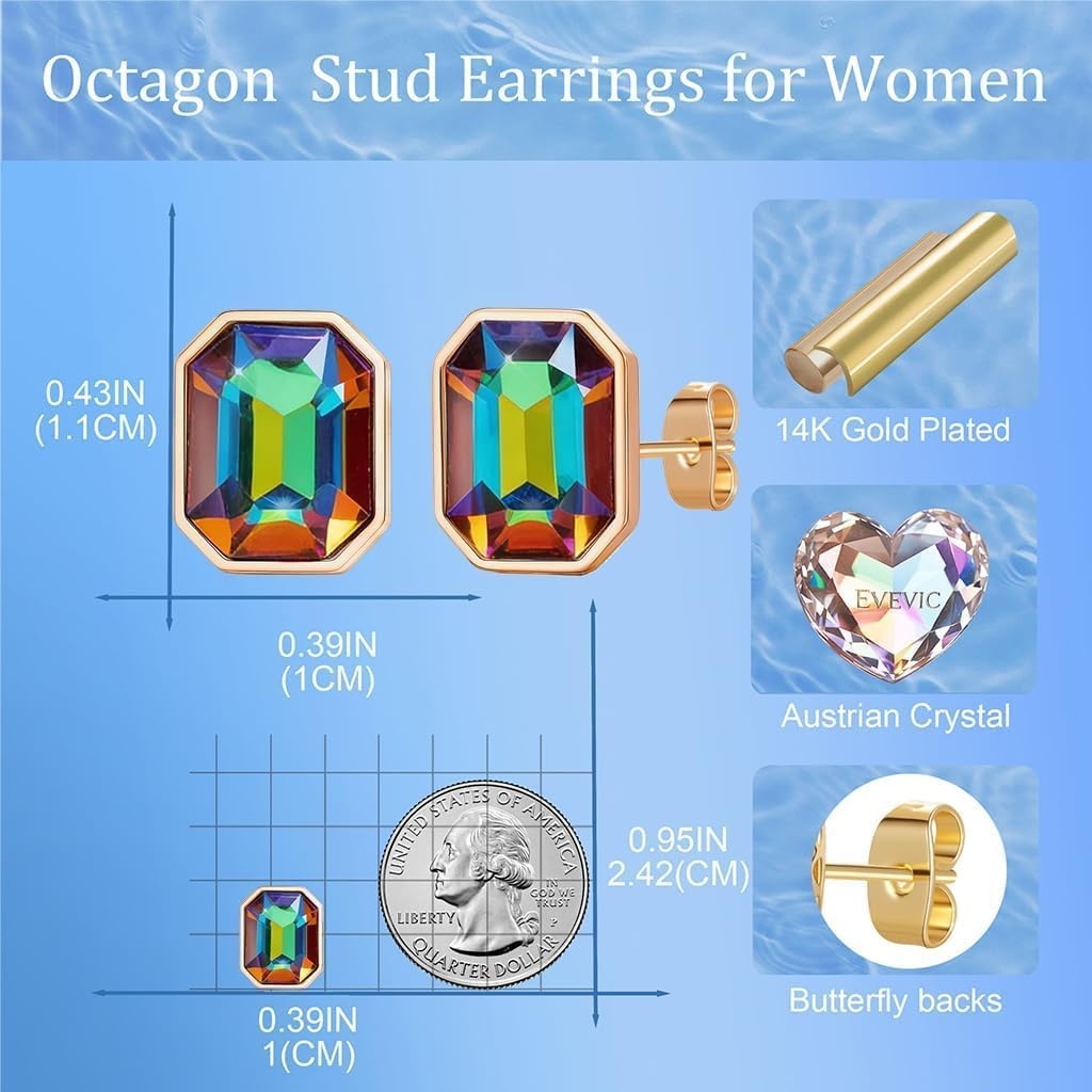 image:imageOctagon Austrian Crystal Dainty Stud Earrings for Women  14K Gold PlatedHypoallergenic S925 Sterling Silver PostBrilliant Octagon CutMinimalist Design for Daily LooksVitrail Medium