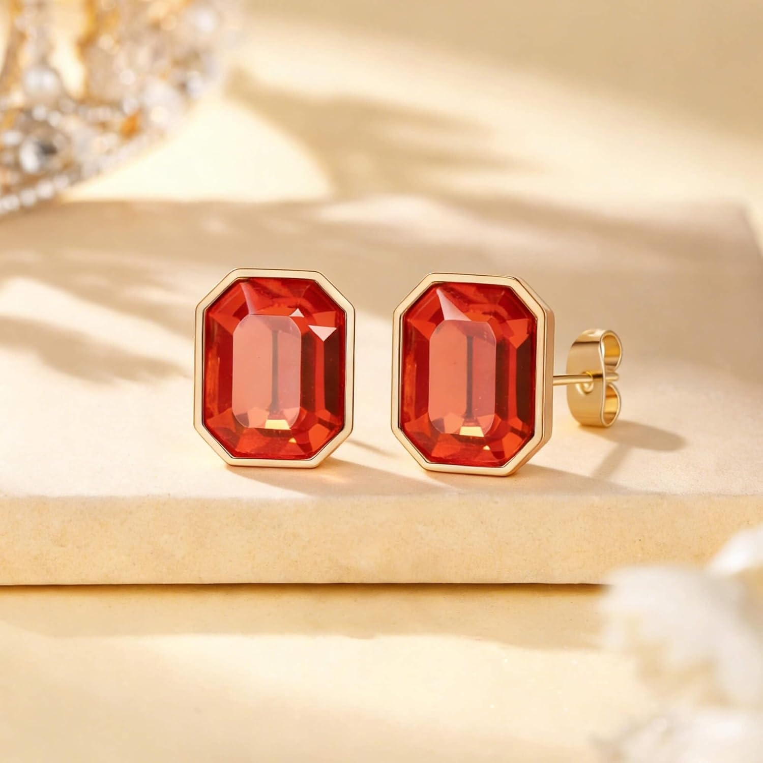 image:imageOctagon Austrian Crystal Dainty Stud Earrings for Women  14K Gold PlatedHypoallergenic S925 Sterling Silver PostBrilliant Octagon CutMinimalist Design for Daily LooksRed