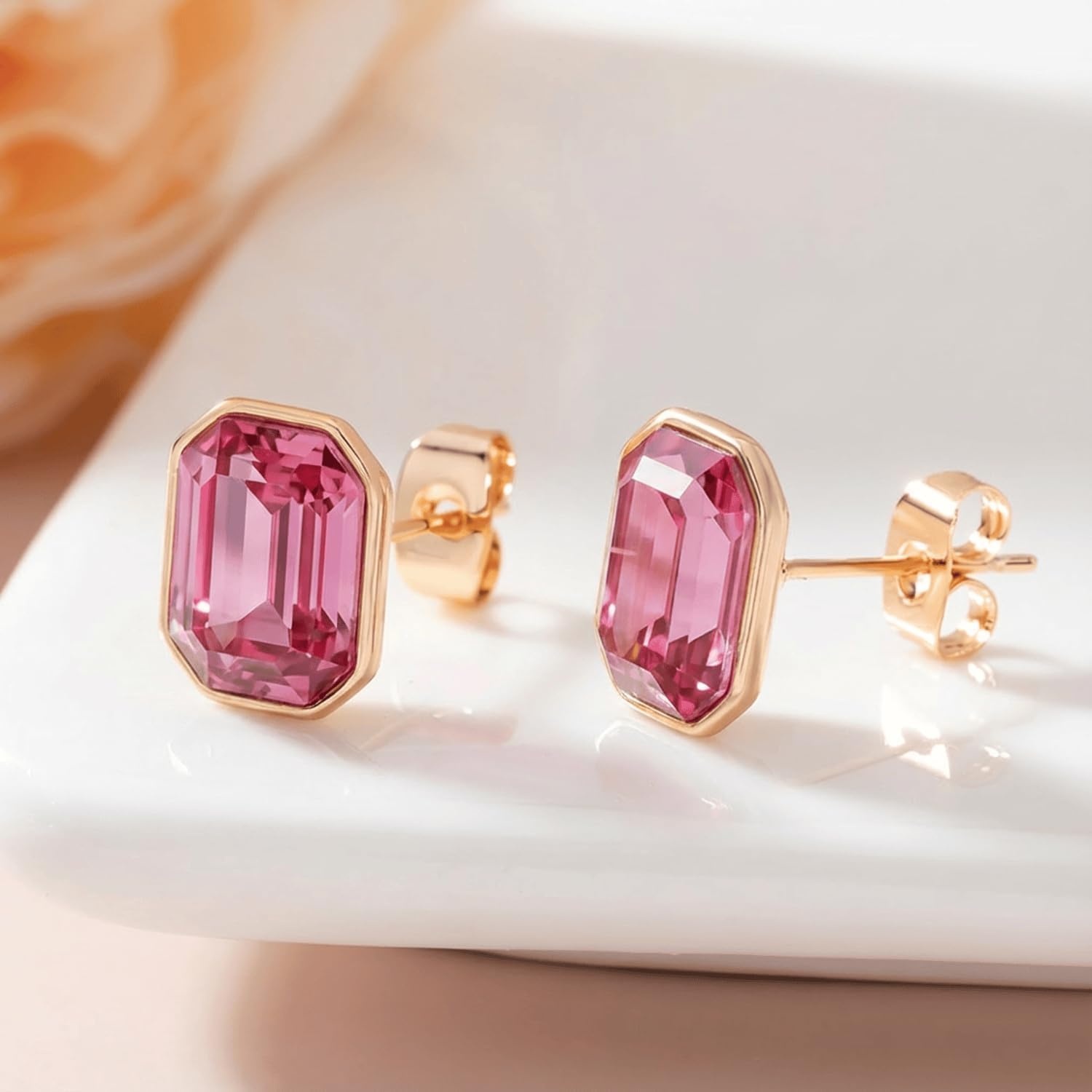 image:imageOctagon Austrian Crystal Dainty Stud Earrings for Women  14K Gold PlatedHypoallergenic S925 Sterling Silver PostBrilliant Octagon CutMinimalist Design for Daily LooksPink